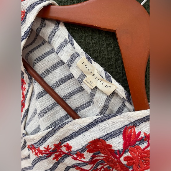 NEW LoveStitch Red Embroidered Blue + White Striped Blouse with Waist Tie - Picture 6 of 6